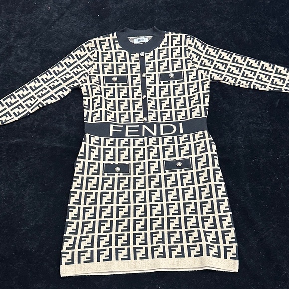 Fendi Black and Cream Monogram Knit Dress Size L